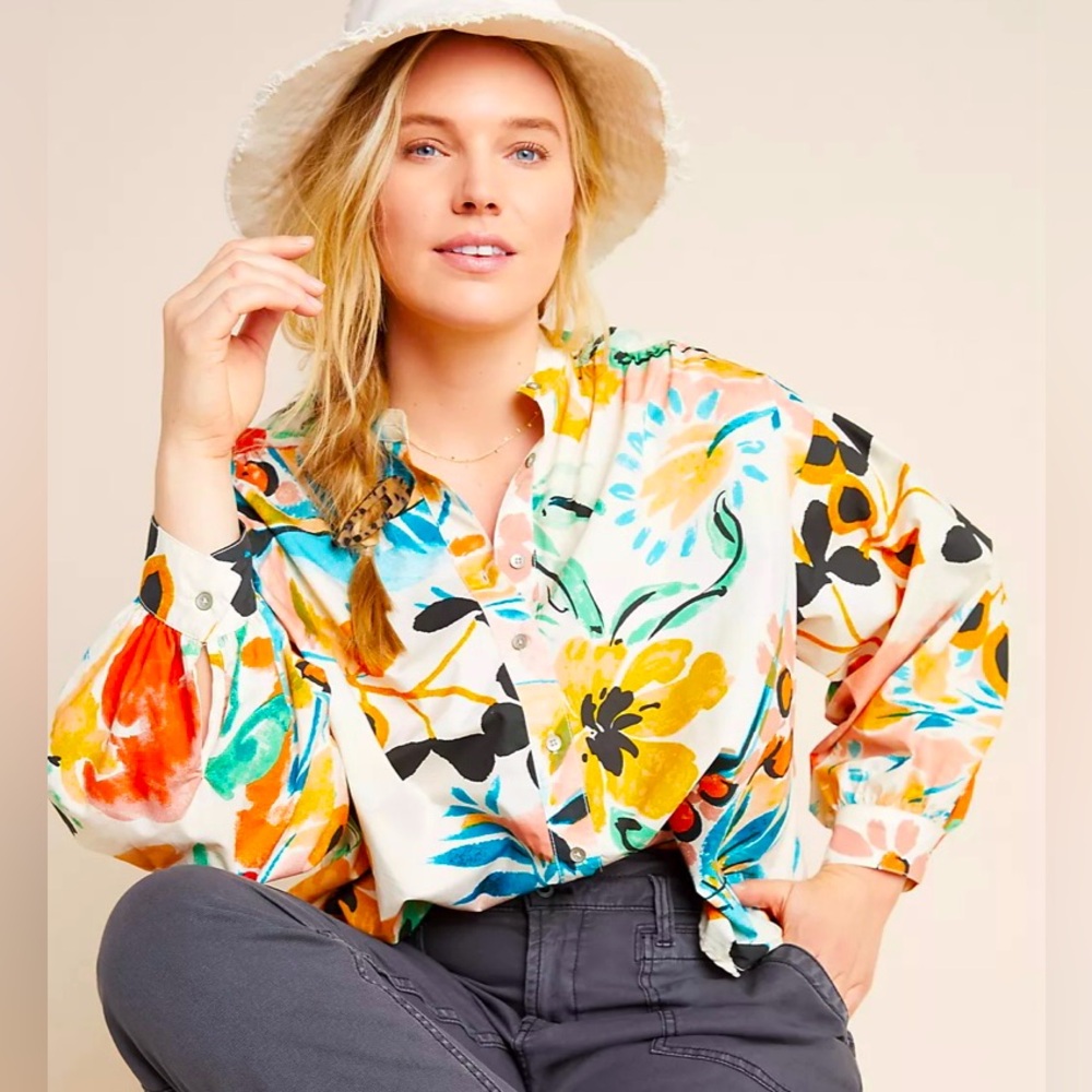 Anthropologie long sleeve floral Crisanta Floral Poplin button down blouse …